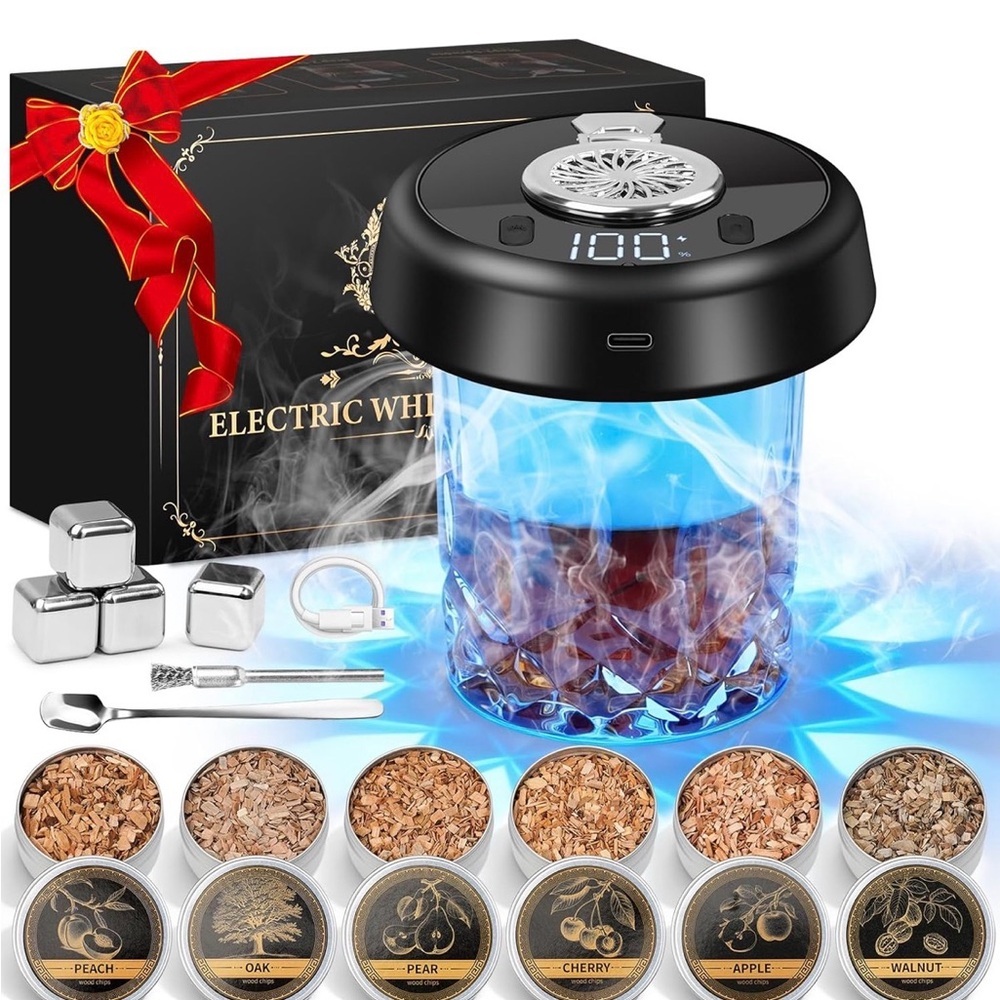 NIB Electric Whiskey Smoker Kit - 7-Color LED, 6 Wood flavor, Rechargeable